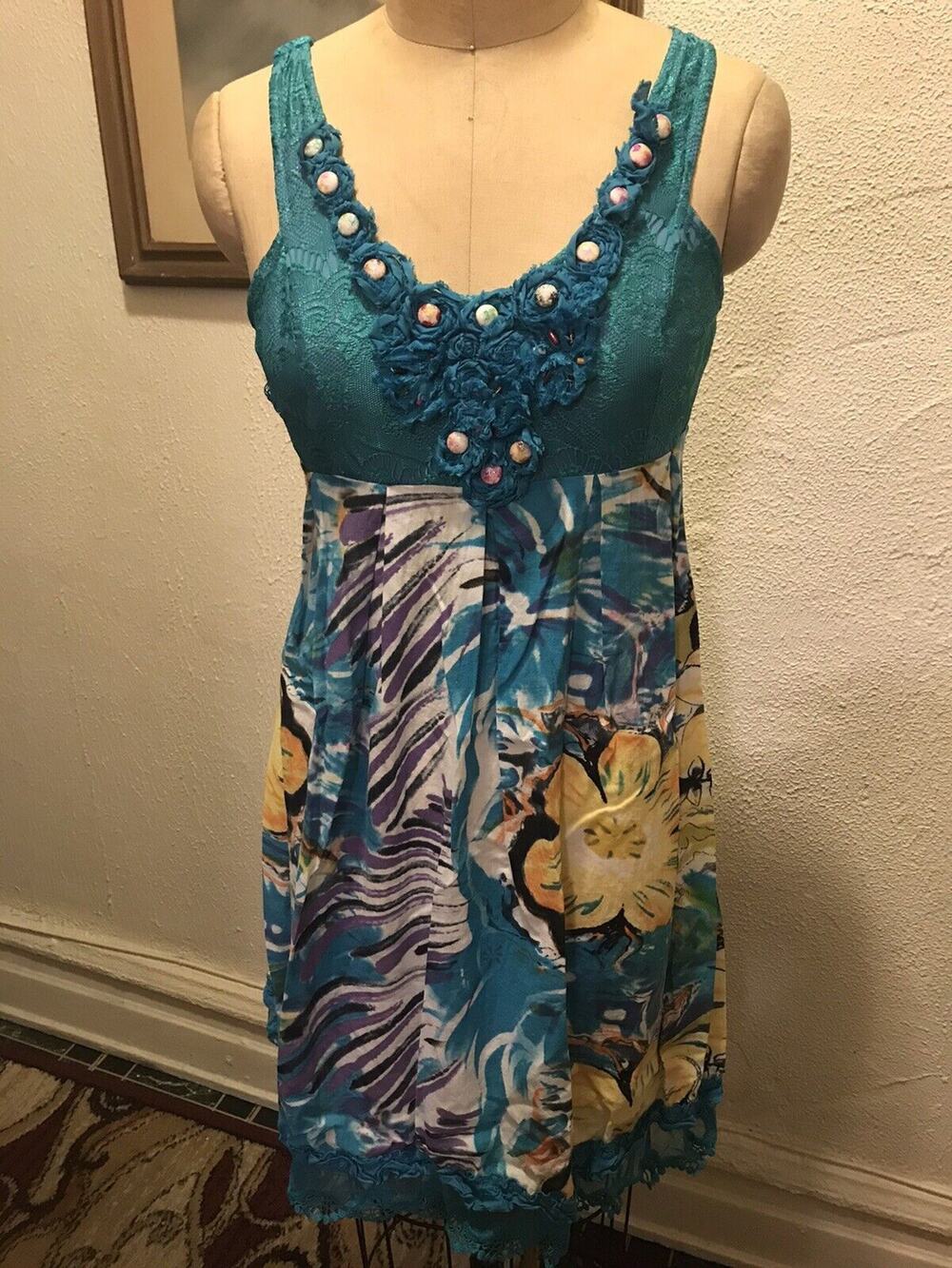 Farinelli Turquoise and Flower Lace Sun Dress 100% Cotton Size Small